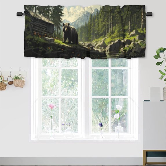 Forest Bear Curtain Valance for Kitchen Rutsic Cabin Wild Animal Farmhouse Camping Window Valance for Living Room Bedroom, Kitchen Valance Rod Pocket Window Curtain 54 by 18 in, 1 Panel