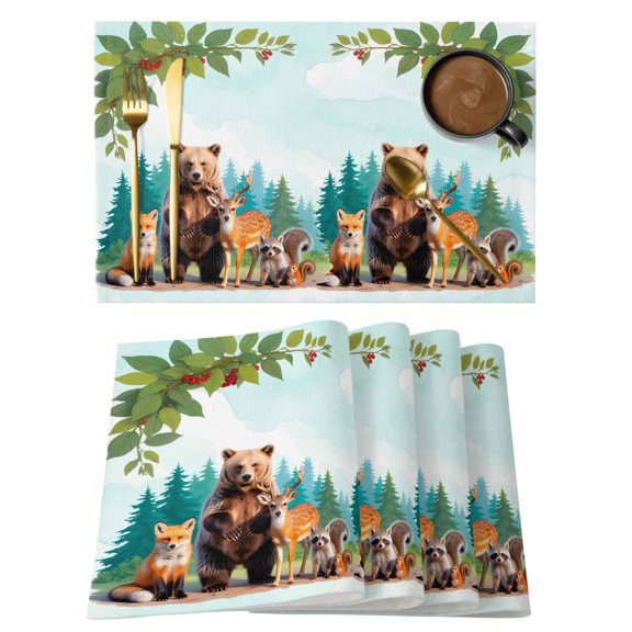 Forest Bear Deer Fox Squirrel Placemats Set of 6,Wipeable Washable Table Mats for Dining Tables, Farmhouse Tree Berry Leaf Place Mats for Kitchen Event Party Tabletop Decor