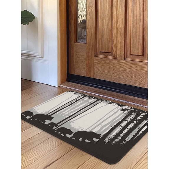 Forest Bear Door Mat Indoor Outdoor Entrance, Non Slip Rug for Kitchen Bathroom Entryway Rug, Black Grey Country Farmhouse Nature Tree Washable Doormat Floor Mat for Office 20x31.5 Inch