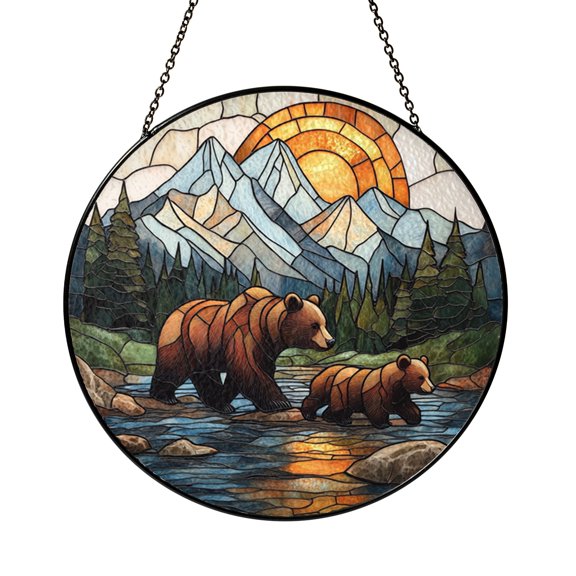 Forest Bear Family Glass Suncatcher for Window Decor, Wildlife Light Catcher Hanging Art, Rustic Nature Inspired Home Accent
