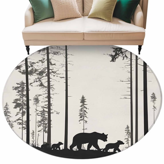 Forest Bear Family Large Area Rugs for Bedroom Living Room, Soft Non Slip Carpet Bedside Rug, Trees Nature Tree Landscape Scene Round Floor Cover Kitchen Accent Rug 7' for Dining Room/Office