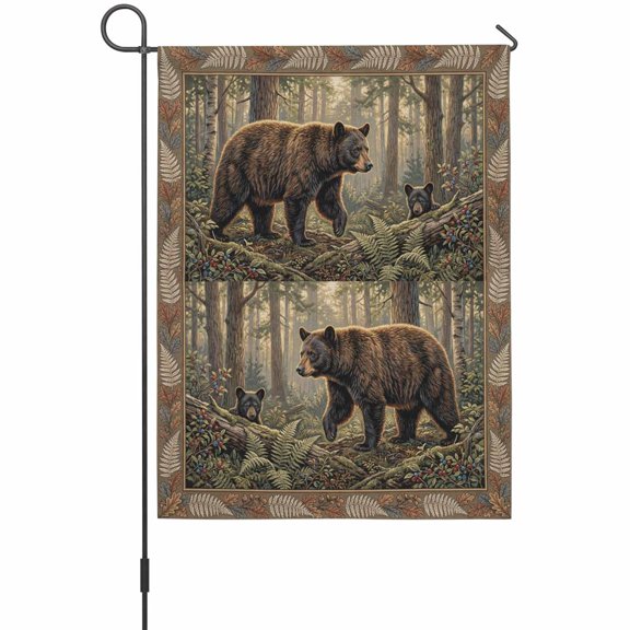 Forest Bear Garden Flag 12 x 18 Inches, Country Jungle Animal Tree Leaf Flowers Landscape Weather Proof Outdoor Patio Flags Double Sided Small Garden Decoration for Yard Outside Home