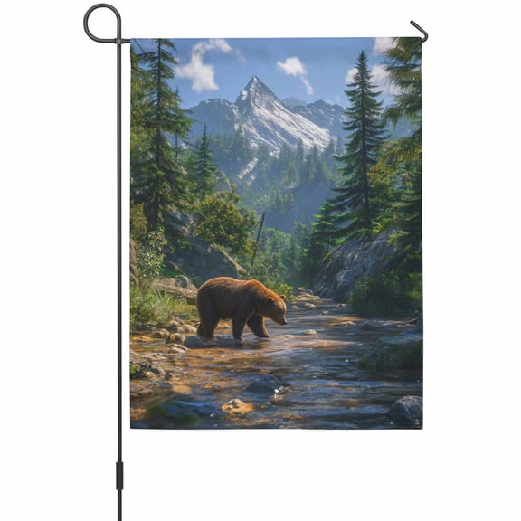 Forest Bear Garden Flag 12 x 18 Inches, Vintage Bear by River Green Trees Mountains Weather Proof Outdoor Patio Flags Double Sided Small Garden Decoration for Yard Outside Home