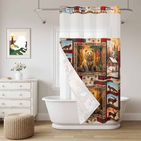 Forest Bear No Hook Shower Curtain with Snap in Liner, Country Forest Farmhouse Wolf Deer Snow Footprints Waterproof Shower Curtains with See Through Top Window Liner for Bathroom, 36x72 Inches