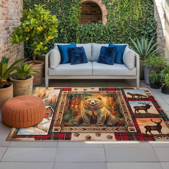 Forest Bear Indoor Outdoor Rugs 3x5 Ft, Country Forest Farmhouse Wolf Deer Snow Footprints Outdoor Patio Rugs Mat Washable Outside Area Rugs Carpet for Porch Deck RV Camping Pool Balcony Backyard