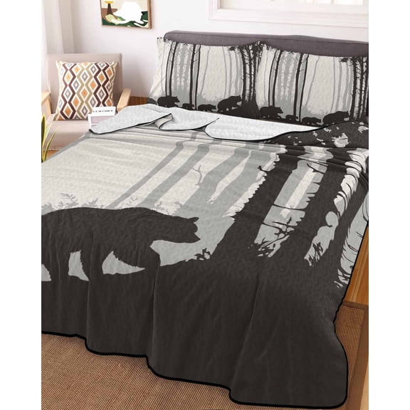 Forest Bear King Size Down Alternative Comforter, Lightweight Comforter Quilt Bedding Set with Pillow Shams Black Grey Country Farmhouse Nature Tree All Seasons Bed Comforter Duvet Insert 96"x106"