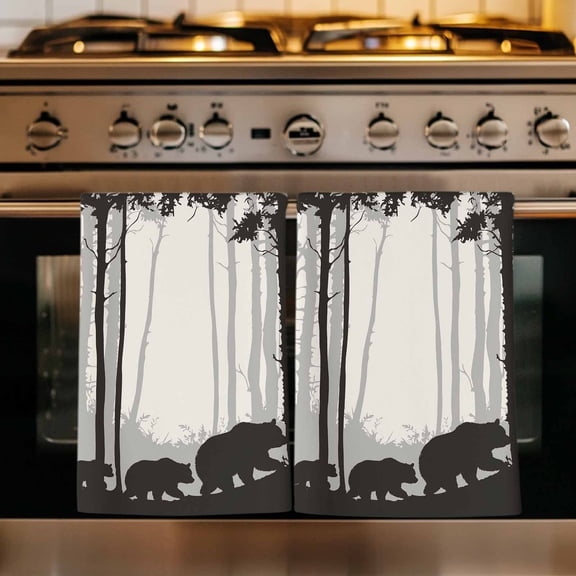 Forest Bear Kitchen Towels Set of 1, Black Grey Country Farmhouse Nature Tree Absorbent Dish Towels for Kitchen, Microfiber Hand Towel, Quick Drying Tea Towel for Cleaning Decorative Dishcloths