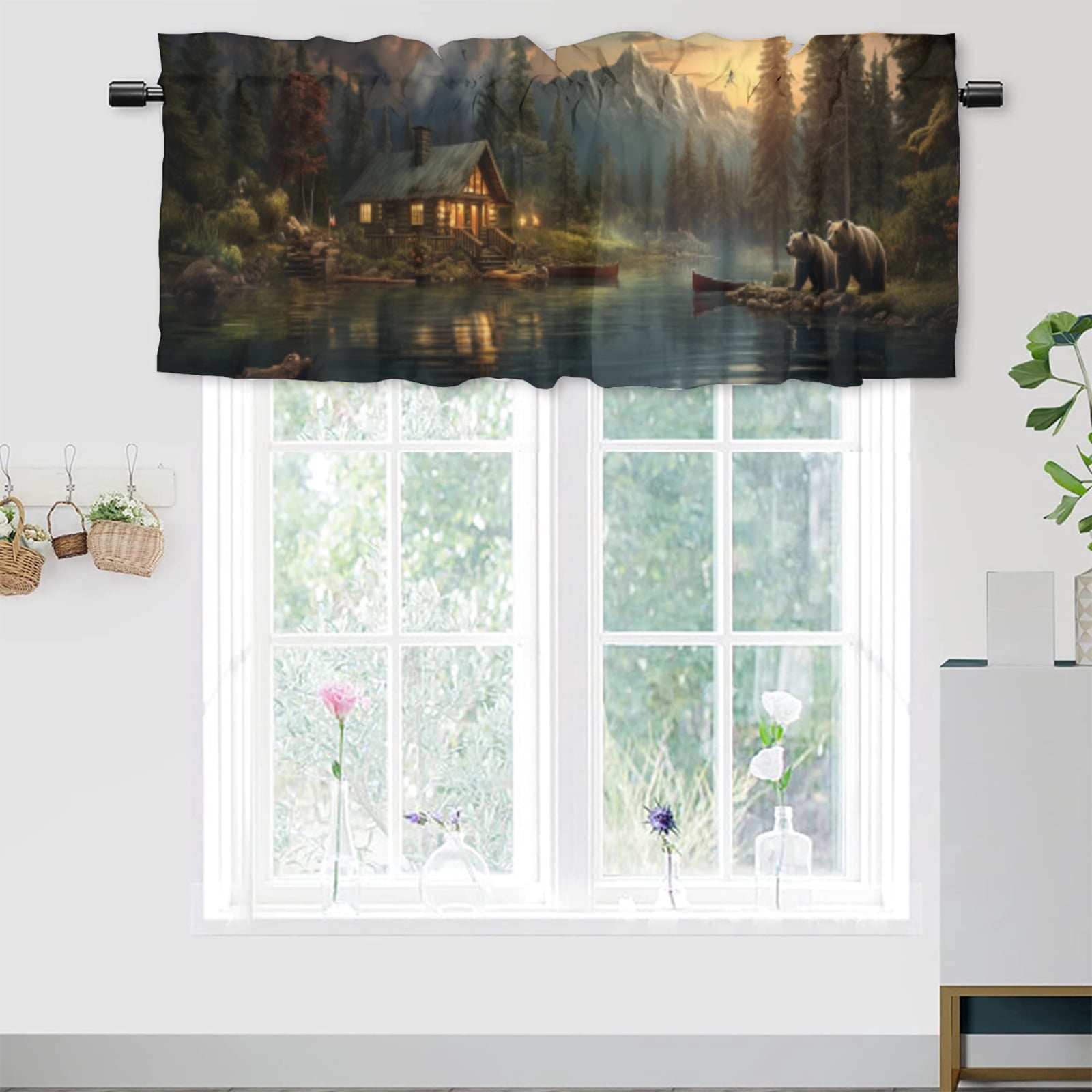 Forest Bear Kitchen Valances Vintage Cabin farmhouse Lake Natural ...