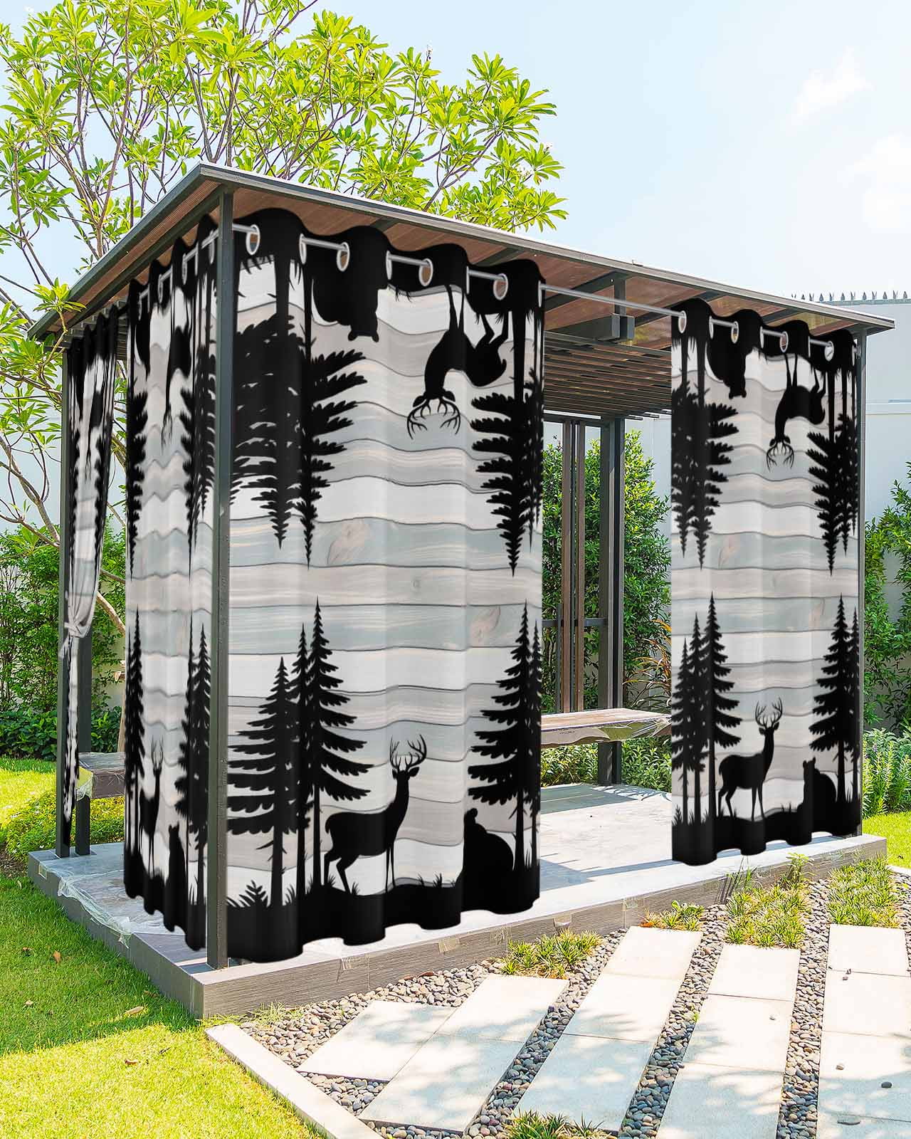 Forest Bear Outdoor Curtains for Patio, Silhouette Elk Stripes Tree Wood Grain Privacy Drapes Grommet Waterproof Outside Curtains for Porch/Cabana/Balcony 54"x 108", 2 Panel