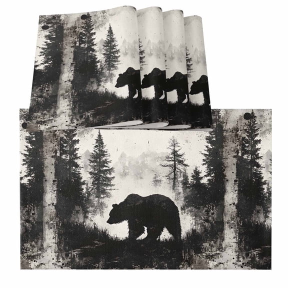 Forest Bear Placemats for Dinning Table Set of 4, Retro Modern Art Nature Tree Greyscale Burlap Kitchen Place Mats Waterproof Cloth Table Mats, Indoor Outdoor Placemats Easy Clean Dinner Decor