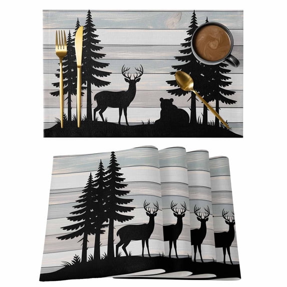 Forest Bear Placemats Set of 6 Silhouette Elk Stripes Tree Wood Grain Place Mats Indoor Wipeable Table Mats Washable Cloth Dining Table Placemats for Kitchen Holiday Party Home Decor 13x19 Inch
