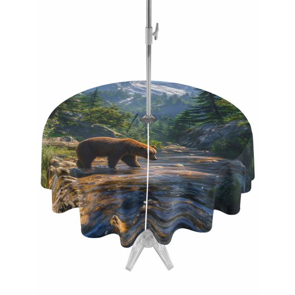 Forest Bear Round Outdoor Tablecloth with Umbrella Hole Vintage Bear by River Green Trees Mountains 54 Inch Round Waterproof Table Cover Zippered Table Cloth for Garden Patio