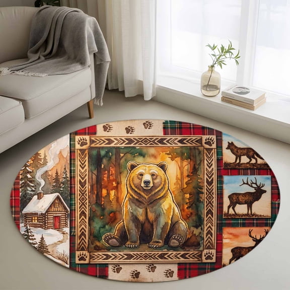 Forest Bear Round Rugs for Living Room 3ft Country Forest Farmhouse Wolf Deer Snow Footprints Non Slip Circle Rug Washable Low-Profile Indoor Carpet for Bedroom, Dining Room, Bathroom