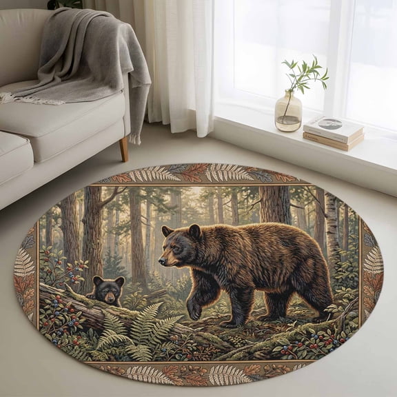 Forest Bear Round Rugs for Living Room 3ft Country Jungle Animal Tree Leaf Flowers Landscape Non Slip Circle Rug Washable Low-Profile Indoor Carpet for Bedroom, Dining Room, Bathroom