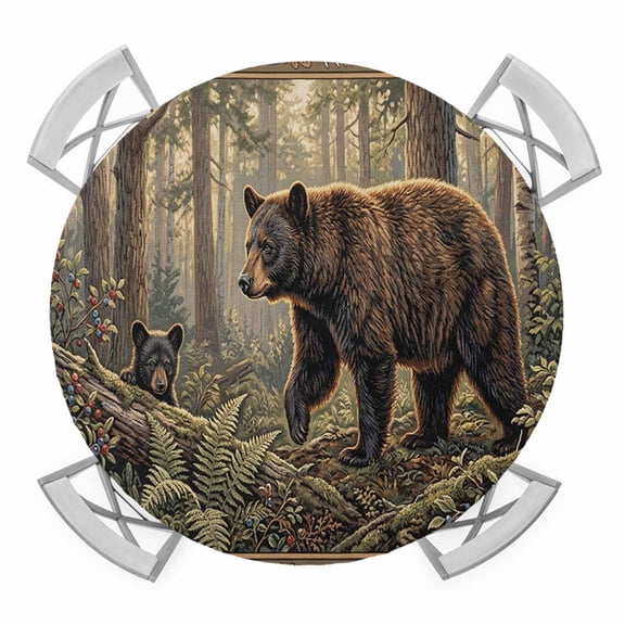 Forest Bear Round Table Cover, Country Jungle Animal Tree Leaf Flowers Landscape Waterproof Fitted Tablecloths for 36"-44" Tables, Washable Picnic Table Cover for Camping Dining Indoor Outdoor