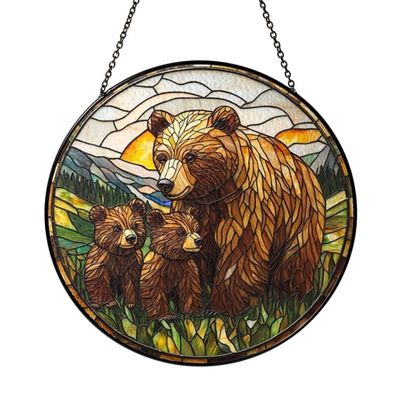 Forest Bear Scene Stained Glass Window Hanging – Nature Art