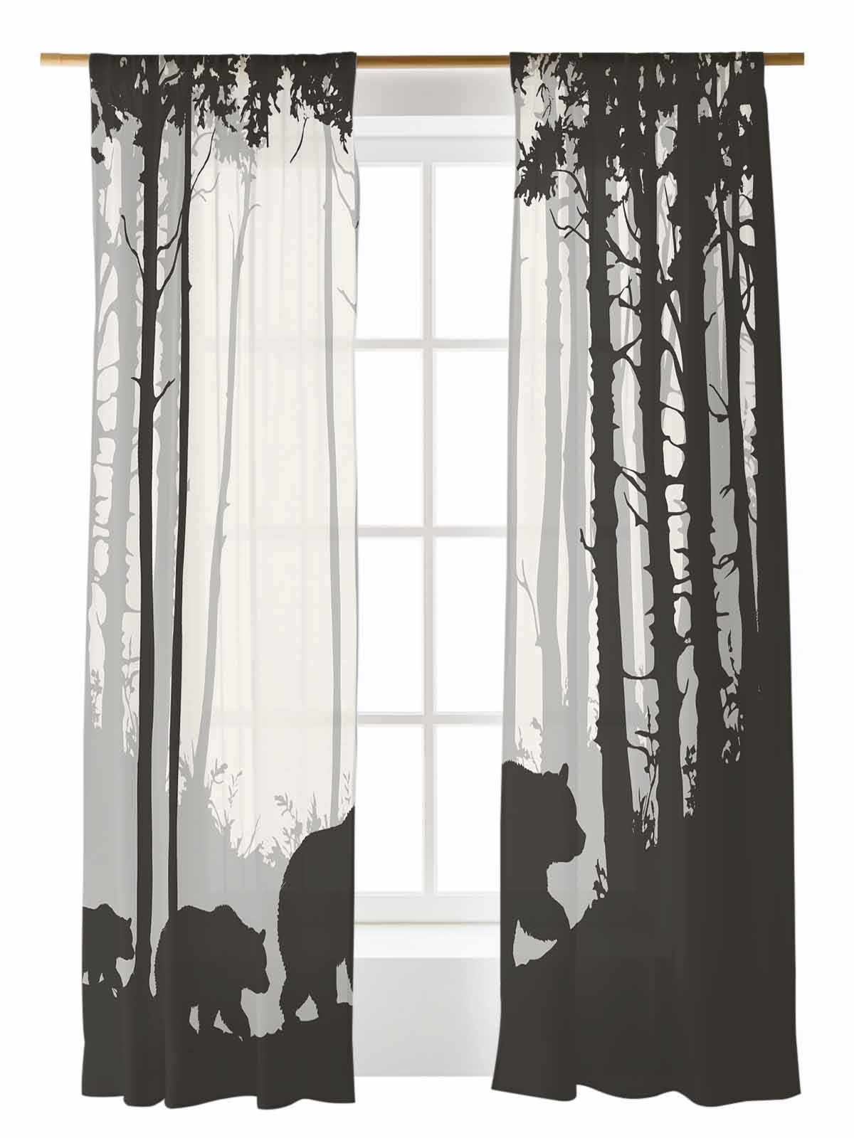 Forest Bear Sheer Curtains 2 Panels Set Black Animals Silhouette Family