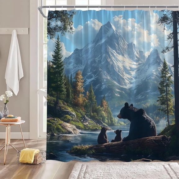 Forest Bear Shower Curtain, Rustic Cabin Mountain Stream Bath Curtain, Wildlife Bathroom Decor, Waterproof Polyester Fabric with Hooks 48"W x 72"H