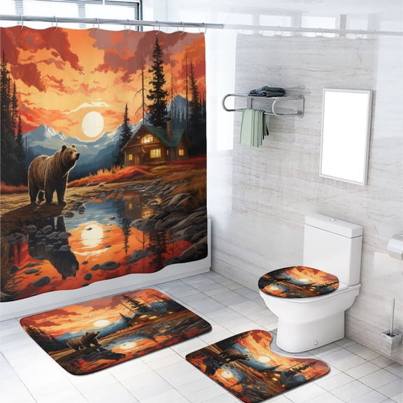 Forest Bear Shower Curtain Set Rusitc Cabin Stream River Country Hunting Wildlife Autumn Waterproof Fabric Cloth Bath Curtain, Non-Slip Bathroom Rugs Bath Mats, 72x72 Inch