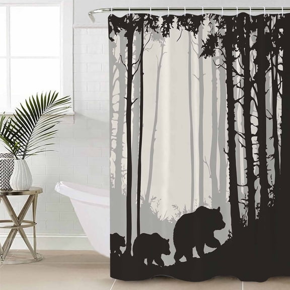 Forest Bear Shower Curtain Set, Waterproof Shower Curtains for Bathroom, Black Grey Country Farmhouse Nature Tree Washable Fabric Cloth Bath Curtain for Bathtub Decoration with Hooks 48x72 Inches