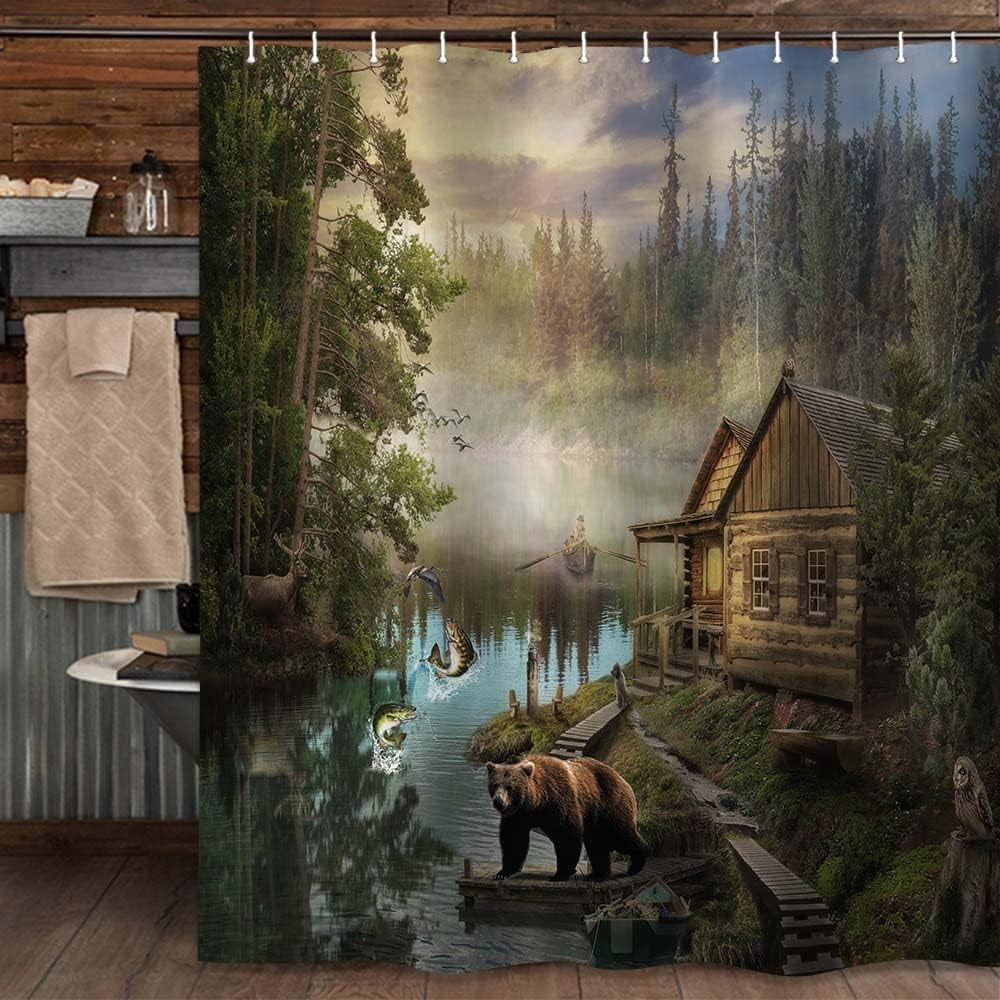 Forest Bear Shower Curtain, Vintage Cabin Country Natural Scenery Lake House Bath Curtain, Wildlife Farm Animals Camping Decor Fabric Bathroom Set with Hook 60x70