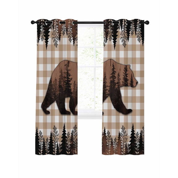 Forest Bear Silhouette Blackout Curtains for Bedroom Living Room, Country Farmhouse Animal Pine Tree Brown Plaid 96 In Long Thermal Insulated Room Darkening Drapes Grommet Window Treatment 52 x 96 In