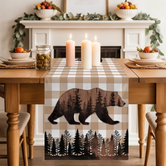 Forest Bear Silhouette Dining Table Runner, Country Farmhouse Animal Pine Tree Brown Plaid Washable Table Runners Kitchen Coffee Table Center Decor for Home Party Holiday Wedding 13 x 36 Inches