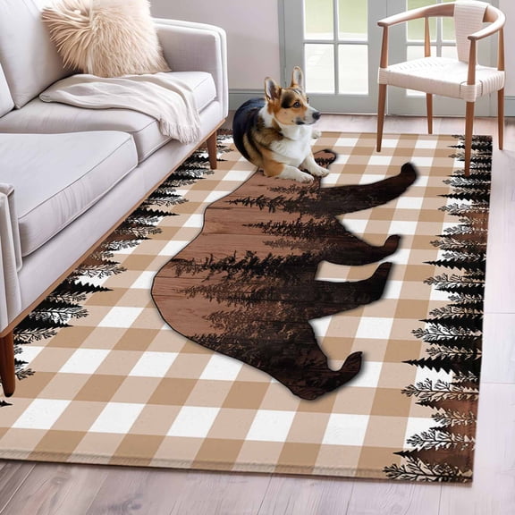 Forest Bear Silhouette Washable Area Rug 4x6 Country Farmhouse Animal Pine Tree Brown Plaid Low-Profile Large Area Rugs with Non Slip Backing Indoor Floor Carpet for Entrance Living Room Bedroom