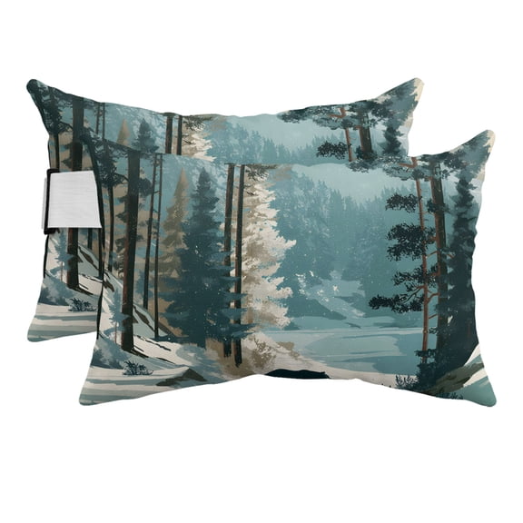 Forest Bear Snowy Outdoor Pillows for Chaise Lounge Chair Beach Headrest Pillow Set of 2 Waterproof Lumbar Pillows with Insert&Adjustable Strap Teal White Mountain Pine Trees Pool Pillow 12"x20"