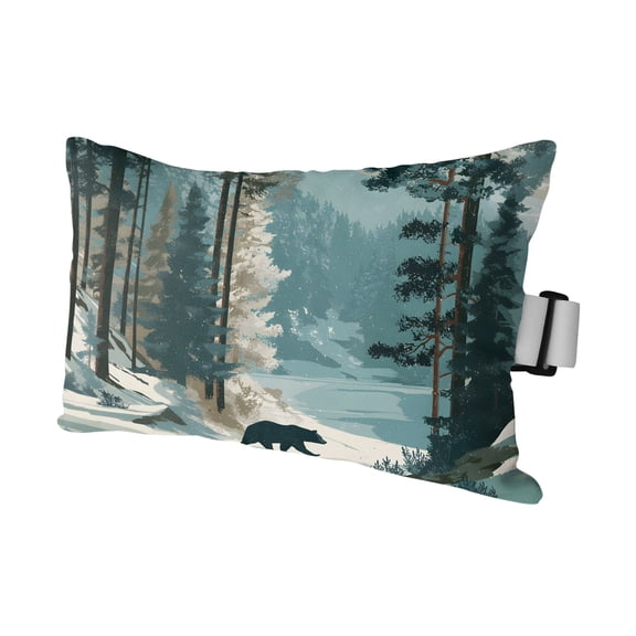 Forest Bear Snowy Outdoor Pillows for Chaise Lounge Chair Waterproof Lumbar Pillows with Insert&Adjustable Elastic Strap Beach Headrest Pillow Teal White Mountain Pine Trees Pool Pillow 11"x16"