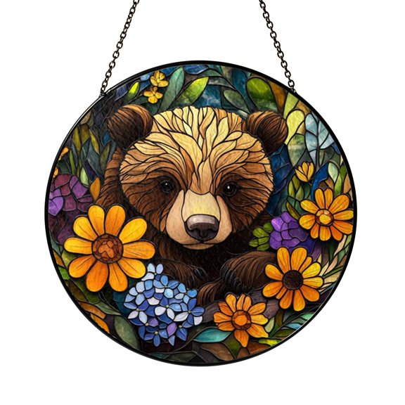 Forest Bear Stained Glass Suncatcher Window Hanging, Rustic Nature Decor Sun Catcher