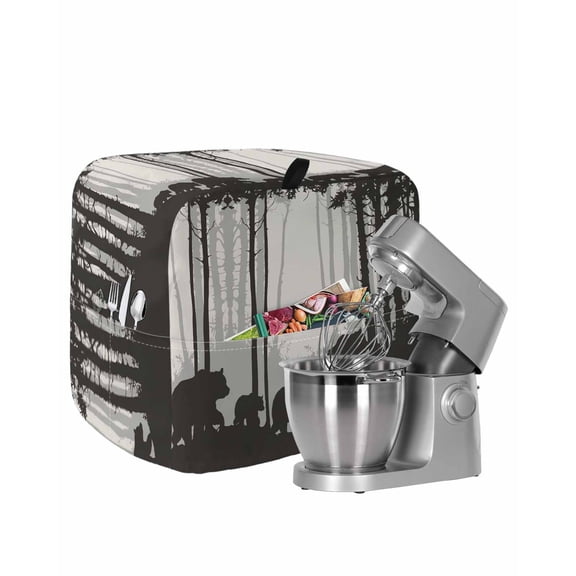 Forest Bear Stand Mixer Dust Cover with Storage Pocket & Handles, Black Grey Country Farmhouse Nature Tree Fits All Tilt Head & Bowl Lift Kitchen Appliance Cover Organizer Bag Accessories, 6-8 Quart