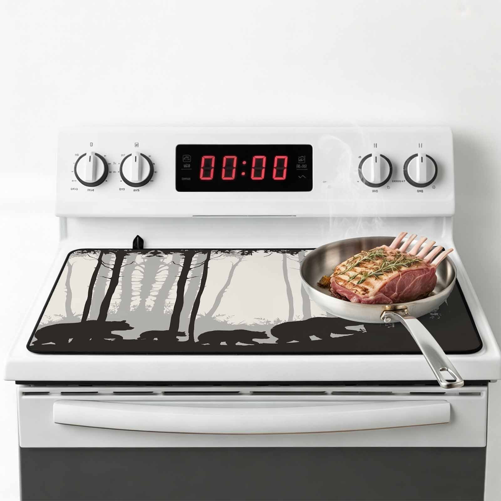 Forest Bear Stove Top Cover for Electric Stove, Heat-proof & Non Slip Glass Top Stove Cover Protector, Black Grey Country Farmhouse Nature Tree Kitchen Flat Cooktop Rubber Mat 24x21 Inches