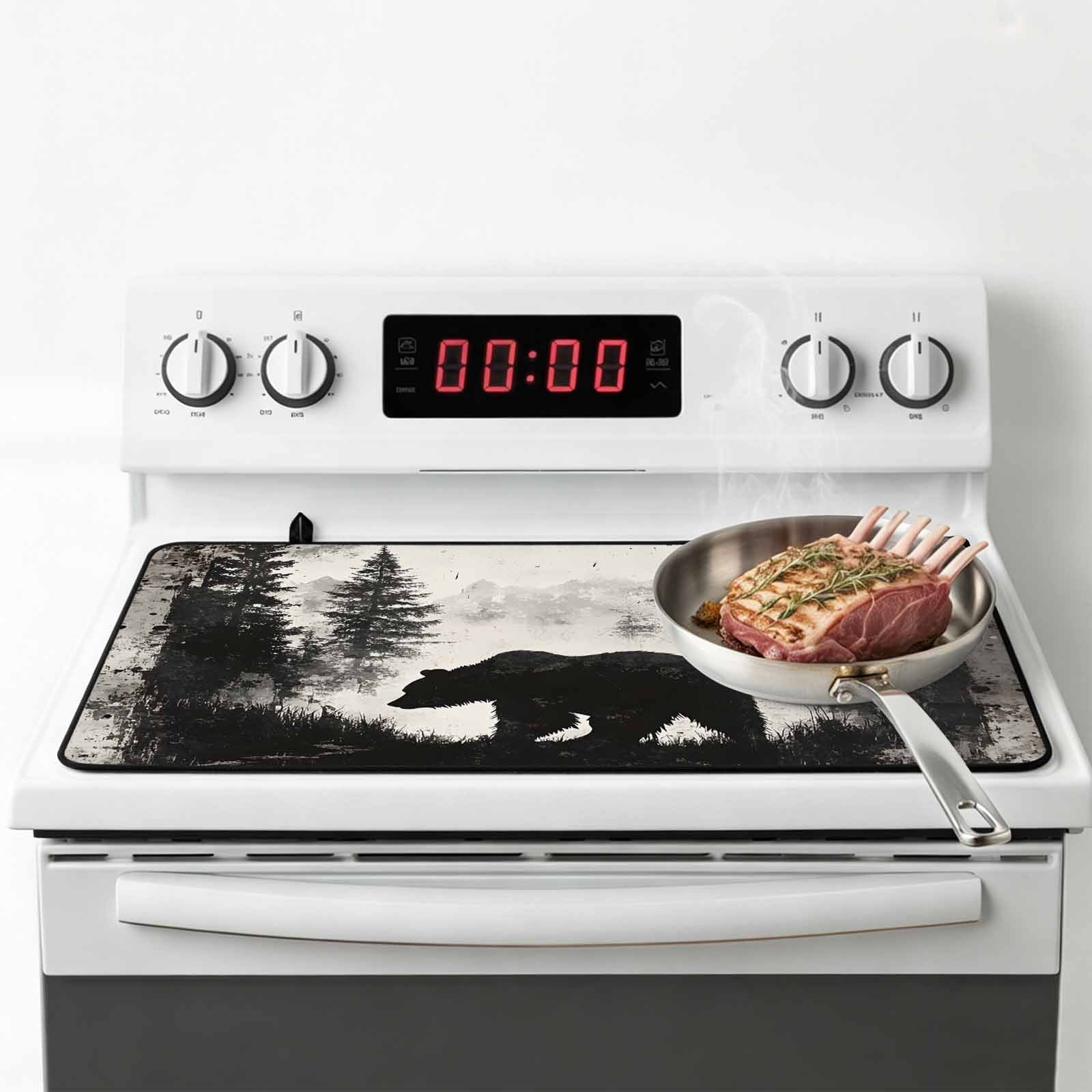 Forest Bear Stove Top Cover for Electric Stove, Heat-proof & Non Slip Glass Top Stove Cover Protector, Retro Modern Art Nature Tree Greyscale Kitchen Flat Cooktop Rubber Mat 24x21 Inches
