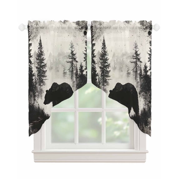 Forest Bear Swag Valances for Windows, Retro Modern Art Nature Tree Greyscale Rod Pocket Sheer Valances for Small Windows, Swag Toppers Light Filtering for Kitchen Living Room 2 Panels 36''x36''
