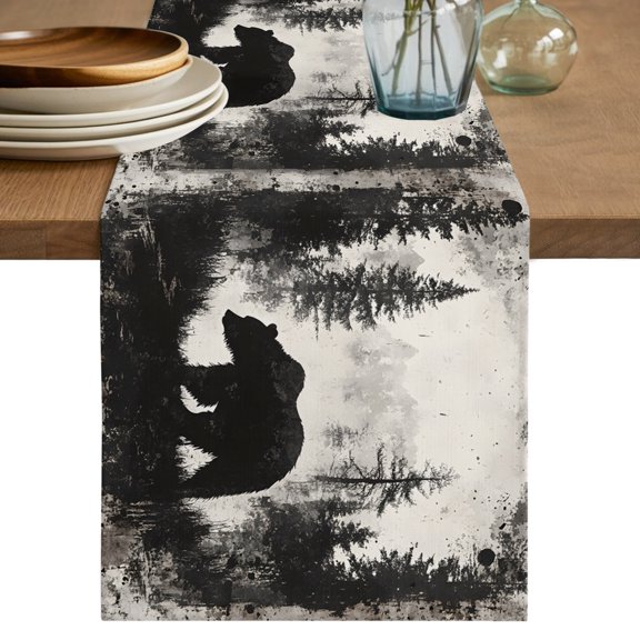 Forest Bear Table Runner 70 Inches Long,Retro Modern Art Nature Tree Greyscale Cotton Linen Table Runners Dresser Scarves,Fabric Tabletop Scarf Furniture Cover for Home Dinner Party 13"x70"