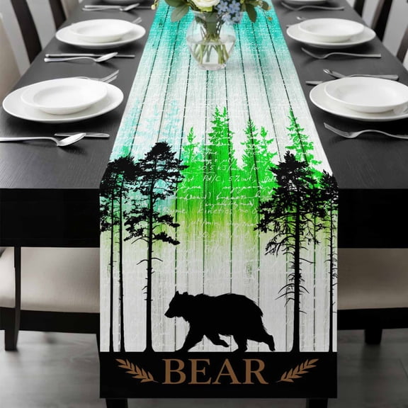 Forest Bear Table Runner, Pine Needles Green Gradient Wood Grain Washable Cotton-linen Table Runners Dining Kitchen Decoration for Everyday Home Wedding Party Decor, 13 x 120 Inch