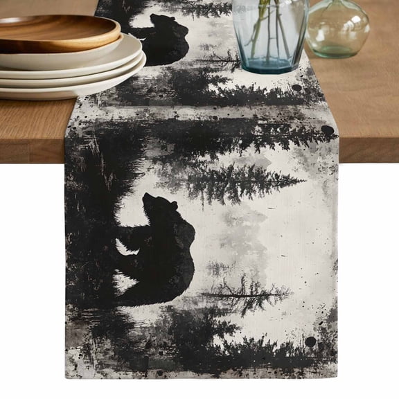 Forest Bear Table Runner, Retro Modern Art Nature Tree Greyscale Washable Cotton Linen Table Runners 36 Inches Long, Dresser Scarf Runner for Nightstand/End Tables/Round Tables 13''x36''