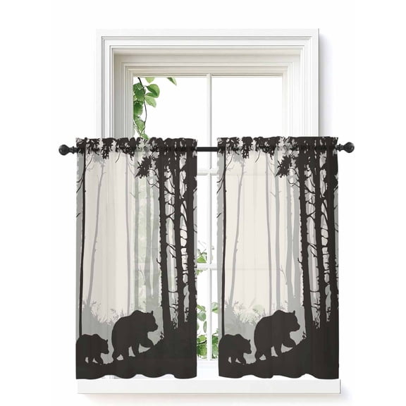 Forest Bear Tier Curtains 45 Inch Length,Sheer Curtains for Bedroom Living Room Window Black Grey Country Farmhouse Nature Tree Voile Drapes Kitchen Curtains Small Half Window 27.5"x45" 2 Panels