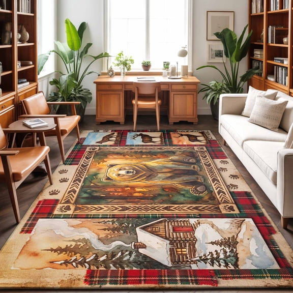 Forest Bear Washable Area Rug 9 x 12 ft Country Forest Farmhouse Wolf Deer Snow Footprints, Soft Non Slip Rugs Stain Repellent Indoor Felt Carpet for Living Dining Room Bedroom Home Office