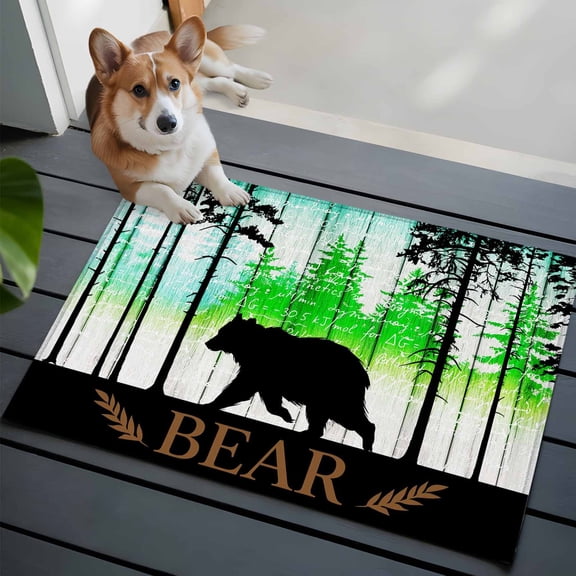 Forest Bear Washable Entry Rug 2x3 Pine Needles Green Gradient Wood Grain Low Pile Indoor Door Mat with Rubber Backing Thin Area Rug for for Entrance, Bedroom, Kitchen, Laundry, Bathroom