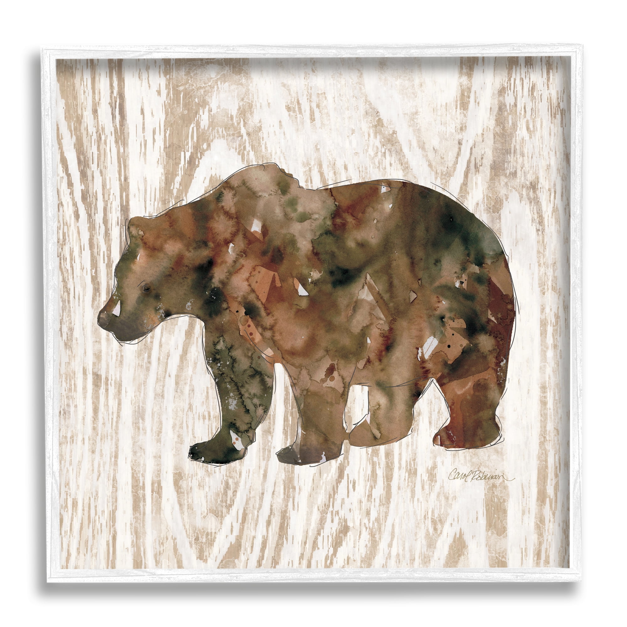 Forest Bear Watercolor Silhouette Rustic Grain Pattern Animals & Insects Framed Art Print Wall Art, 17x17