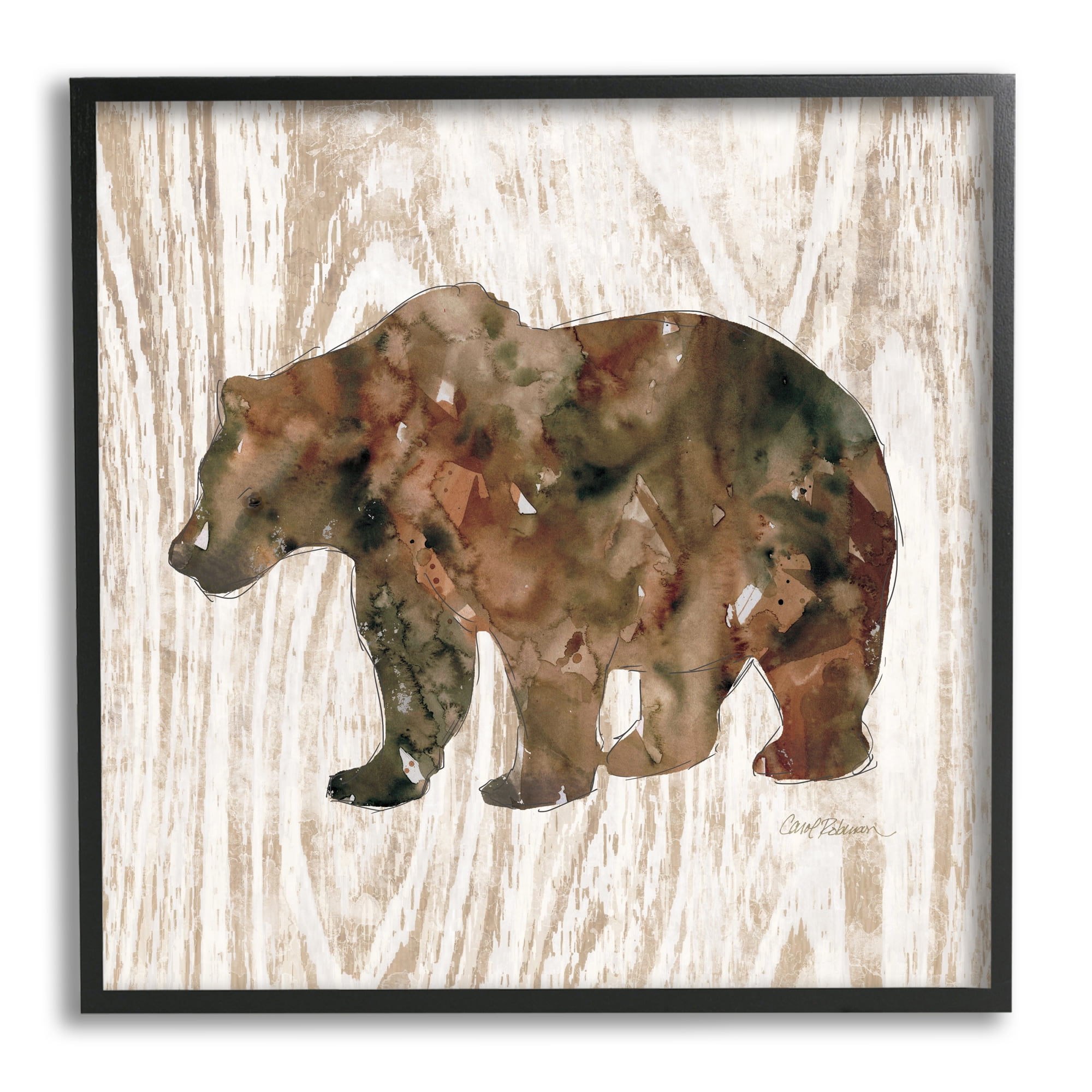 Forest Bear Watercolor Silhouette Rustic Grain Pattern Animals & Insects Framed Art Print Wall Art, 17x17