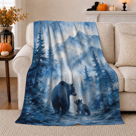 Forest Bear Wilderness, Peaceful Mountain Lake Scene, Warm Flannel Blanket for Cabin and Lodge with Detailed Artwork, Outdoor Lovers Father's Day Gift, Artistic Home Decor
