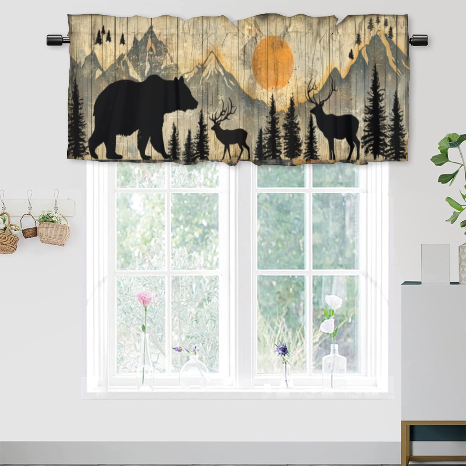 Forest Bear Window Curtains Valances Rustic Wooden Board Wild Animal Camping Country Nature Rod ...