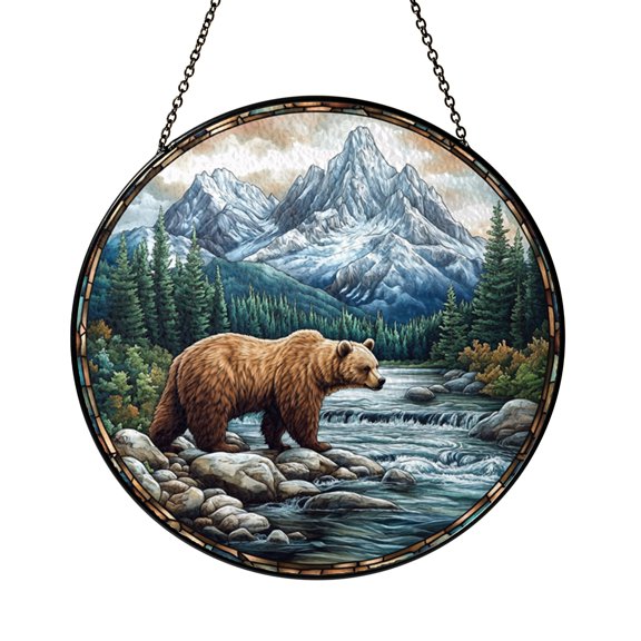 Forest Bear Window Hanging – Decorative Cabin Stained Glass Art