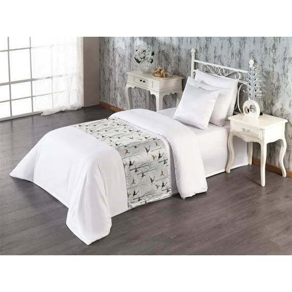 Forest Bed Runner, Earthy Colored Jumping Deer Woodland Trees Winter Season Artwork, Decorative Accent Bedding Scarf for Hotels Homes & Guest Rooms, Twin, Brown Eggshell and Pale Grey, by Ambesonne