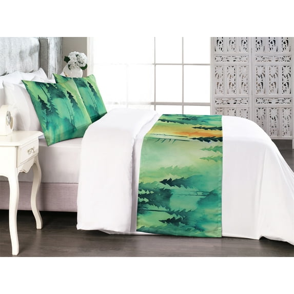 Forest Bed Runner Set, Vintage Looking Foggy Jungle Landscape Drawing Watercolor Artwork, Decorative Bedding Scarf & 2 Pillow Shams for Hotels Homes, Queen, Fern Green and Laurel Green, by Ambesonne