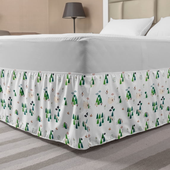 Forest Bed Skirt, Scandinavian Inspired Trees Clouds and Woodland Animals, Elastic Bedskirt Dust Ruffle Wrap Around for Bedding Decor, 4 Sizes, Petrol Blue Green, by Ambesonne