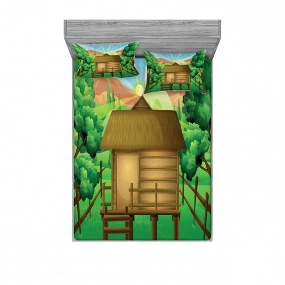 Forest Bedding Set with Sheet & Covers, 3D Digital Art Illustration of a Wooden Hut Shelter in the Forest and Sun, Printed Bedroom Decor 2 Shams, 4 Sizes, Multicolor, by Ambesonne